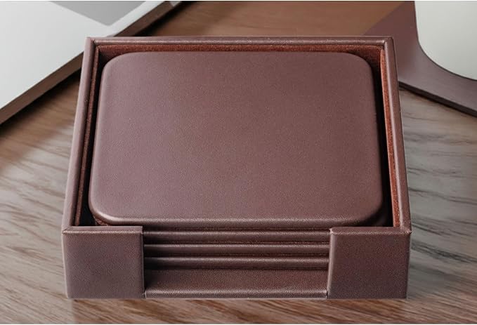 Chocolate Brown Genuine Leather 4" Round Coaster Set - Image 2