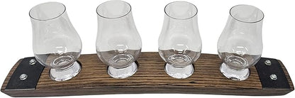 Barrel Stave Premium 4 Glass Whiskey Flight Serving Tray with Glencairn Glasses, Dark Walnut