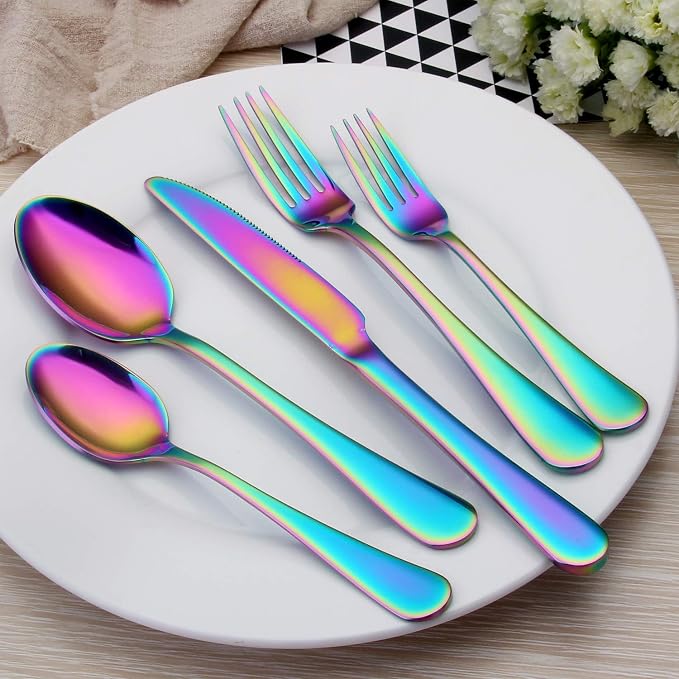 Rainbow Silverware Set, SHARECOOK 20-Piece Stainless Steel Flatware Set - Image 6