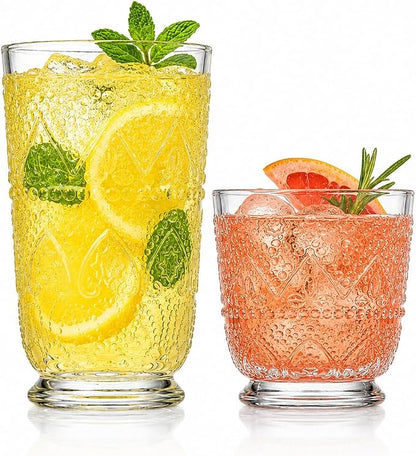 Vintage Drinking Glasses Set of 8 Elegant Glassware Set, 4 Highball Glasses 16oz - Image 2