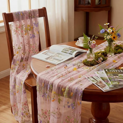 Pink Floral Table Runner 10ft Embroidery Tulle Spring Wildflower Table Runner - Image 4