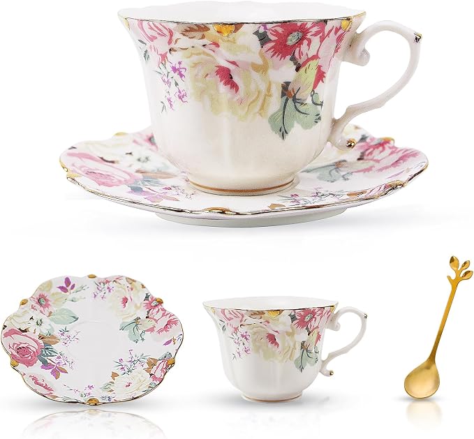 TATSUMI Country Roses Bone China Tea Cup and Saucer Set, 3 Pieces, Vintage Style by TATSUMI