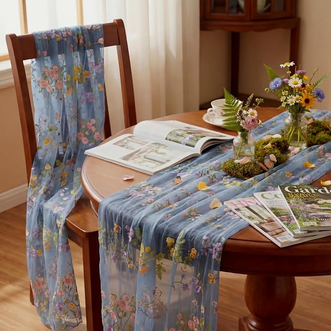 Blue Floral Table Runner 10ft Embroidery Tulle Spring Wildflower Table Runner - Image 6