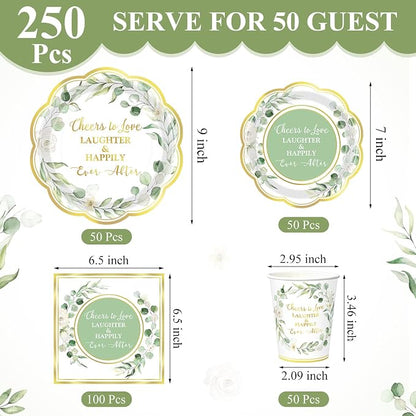 Funnymoom 250 Pcs Cheers to Love Sage Green Gold Eucalyptus Party Plates | - Image 2
