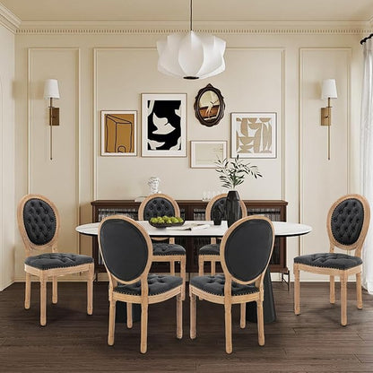 SoarFlash French Dining Chairs Set of 6, Vantage Dining Chair with Round Back, Farmhouse Country PU Leather Dining Chair for Kitchen,Bedroom,Black