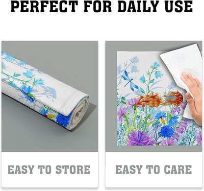 Blue Purple Floral Placemats for Dining Table Set of 4, Butterfly Decoration Spring Seasonal Washable Table Mats for Home Party Kitchen Indoor 12 x 18 Inch