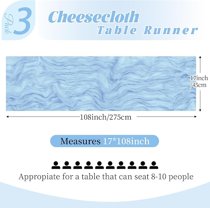 3 Pack Baby Blue Cheesecloth Table Runner, 17 x 108 Inch, Gauze Cheese Cloth - Image 2