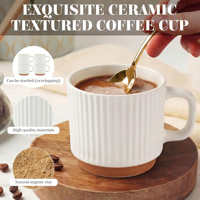 6 Set Ceramic Coffee Mugs with Gold Spoons, 8.8 oz Textured Ribbed Coffee Cups - Image 3