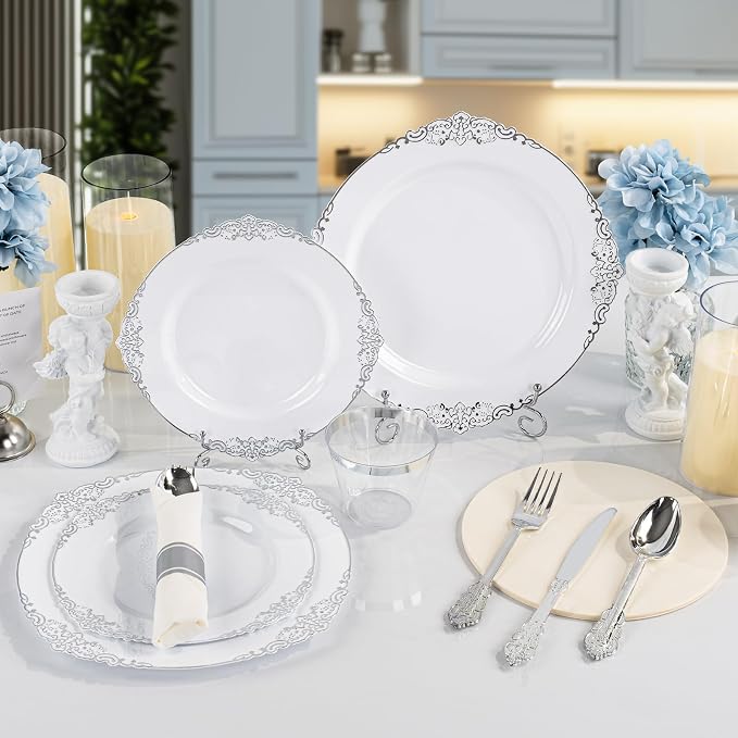Bestluck 175PCS White Silver Disposable Dinnerware - Image 4