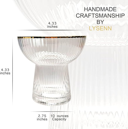 Lysenn Stemless Margarita Glasses Set of 2 - Elegant Vertical Stripes Cocktail Glasses – Premium Hand Blown Glassware for Martini and Mixed Drinks – 10 oz Gold Rim