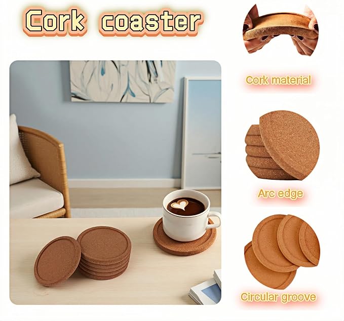 6-Pack Cork Coasters, 4 Inch Absorbent Reusable Beverage Coasters - Image 7