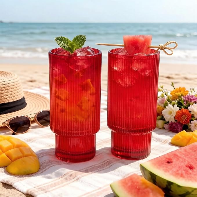XKXKKE 12 oz Ribbed Drinking Glasses Set of 12, Highball Glass Cups Ridged - Image 4