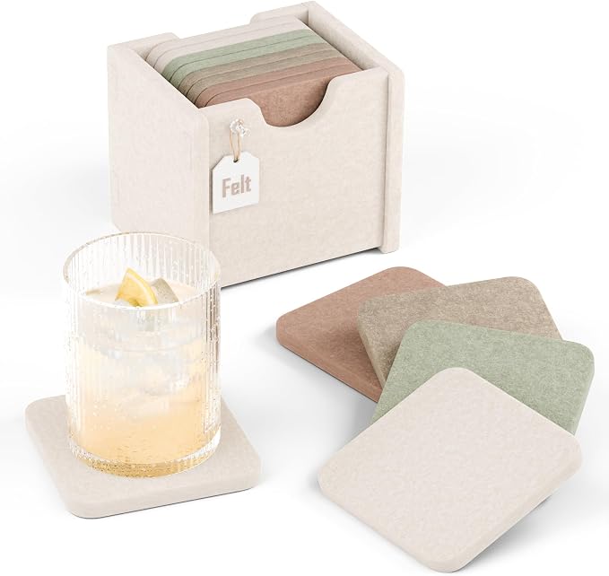 Fluxynara Felt Coasters with Holder, Boho | Square Felt Coasters, by FLUXYNARA