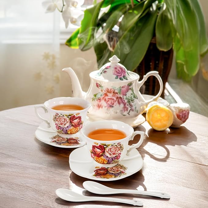 Pumtus Tea Cups and Saucers Set of 6, 8 OZ Vintage Ceramic Teacups - Image 6