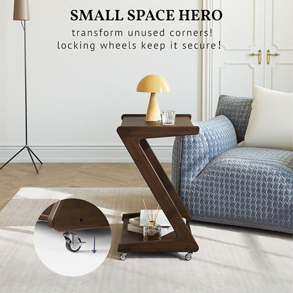 ZIYOO Solid Wood Rolling End Table with Lockable Wheels, Bamboo Couch Side Table That Slides Under Sofa/Bed, Mobile Snack Table for Living Room, Bedroom, Small Spaces, Walnut