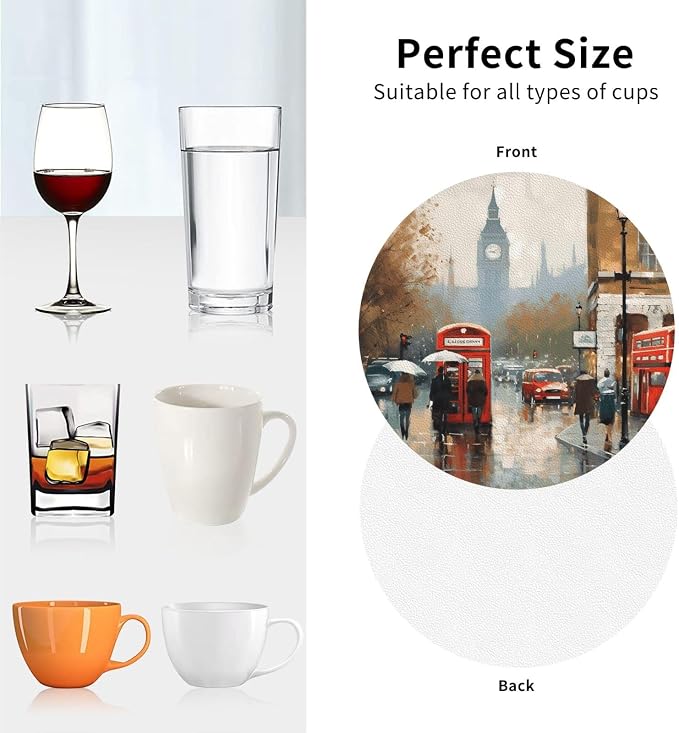 4Pcs Leather Coaster for Drinks London Impression Cup Coasters Aesthetic Drink - Image 4
