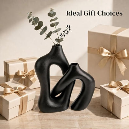 Dowan Black Vases for Decor, Hollow Ceramic Vase Set of 2, 8.3" Nordic Modern - Image 8