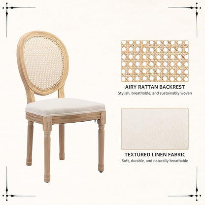 Vintage French Rattan Dining Chairs Set of 6, Solid Wood Frame with Round Rattan Back and Linen Upholstered Seat, Farmhouse Accent Sillas de Comedor Side Chairs for Dining Room & Kitchen, Beige