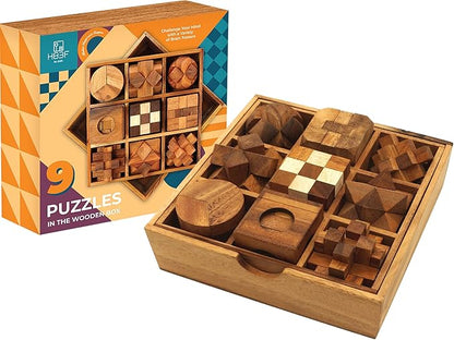 BSIRI 9 in 1 Wooden Brain Teaser Puzzles for Adults Teens Box Set Wood Hard Level 10 Impossible Mind Wood Brain Teaser Games 3D Hand Puzzle Sets for Decoration and Mini Toys