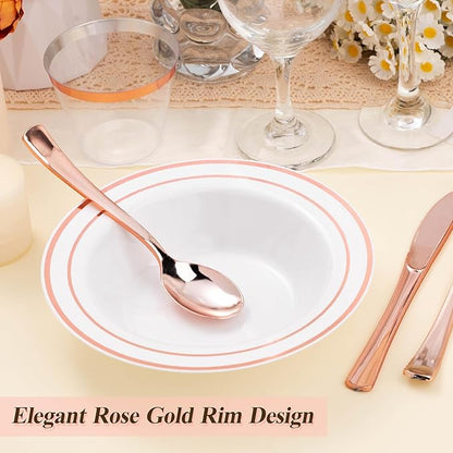 BESTSTAR 50 Pack Disposable Soup Bowls with Rose Gold Rim, 12oz Premium Heavy Duty Plastic Dinner Bowls for Party, Valentine's Day, Wedding and Holiday