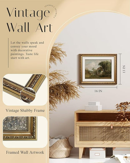 InSimSea Gold Picture Framed Wall Art, Living Room Vintage French Country Wall Decor, Nature Landscape Canvas Print Art, Home Farmhouse Decor, Antique Paintings with Frame 13x16inch