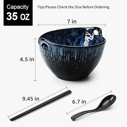 Ramen Bowl with Chopsticks and Spoons Set, 7 Inch Ceramic Noodle Bowl Set of 2, Dishwasher Safe for Pho Udon Soba Noodle Salad Pasta, Special Reactive Glazed Navy Bowls Set