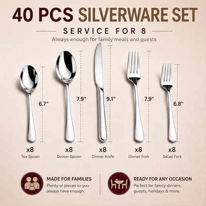 KIKCOIN 40 Pack Silverware Set for 8, Food-Grade Stainless Steel Flatware Set - Image 5