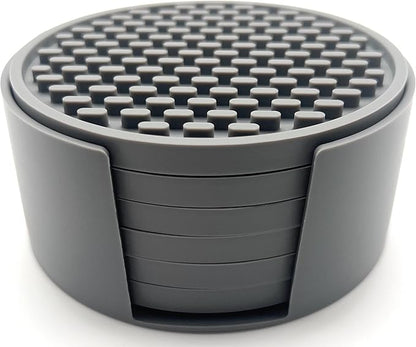 Happitasa 4.25 Inch Bar Mat Style Silicone Beverage Coasters, Set of 6 with Holder (Grey)