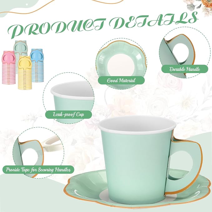 Umigy 60 Sets Pastel Tea Party Decorations 6.5 oz Paper Teacups & Saucer Set - Image 3