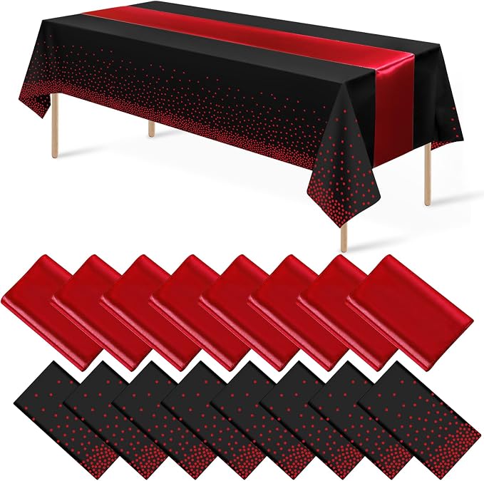16Pack Disposable Plastic Party Tablecloths and Satin Table Runner Set Black by MASHAN