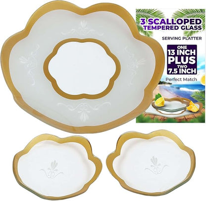 GAC Scalloped Tempered Glass Dessert Plates and Platters - Elegant Dinnerware & Decorative Plates with Gold Trim, Ideal for Serving Food, Special Occasions, and Presents - Set of 3