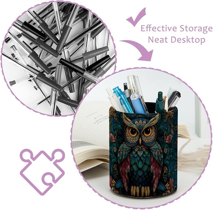 Vintage Owl and Flower Leather Pen Holder - Image 4