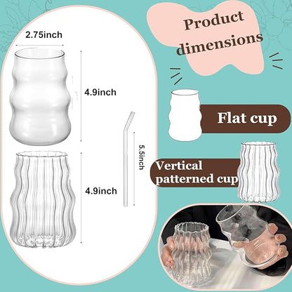 2 Pcs Ribbed Glass Cups, 18 Oz Vintage Drinking Glassware with Wave Shape Design, Bubble Cups for Iced Coffee, Juice, Beverage, Milk, Cocktails, Bubble Tea, and More