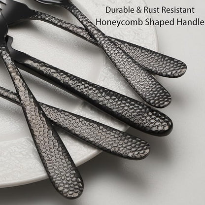 Black Hammered Silverware Set, 20 Piece Stainless Steel Heavy Duty Flatware Set for 4, Food-Grade Tableware Cutlery Set for Home Restaurant, Mirror Polished, Dishwasher Safe