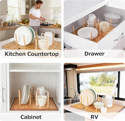 Foldable Pegboard Organizer for Kitchen – Bamboo Base & Acacia Wood Edge Dish Rack for Kitchen Countertop, and Drawer, 24 Pegs, 23.6" x 15.7"
