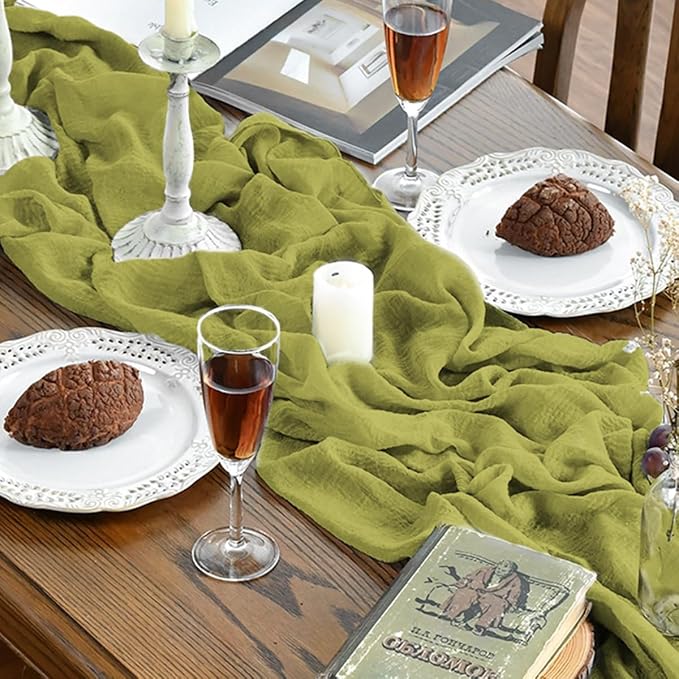 Artoid Mode Boho Cheesecloth Gauze Grass Green Wedding Table Runner, 120 Inch - Image 6