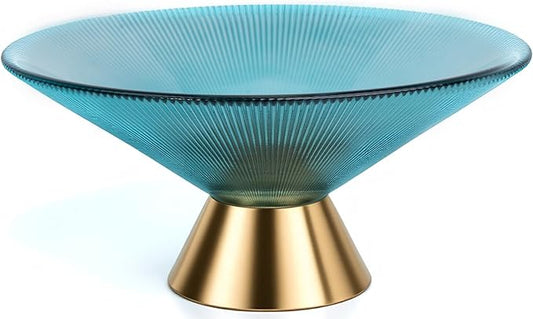 Tapered Glass Decorative Bowl (Blue), 9.8 Inches Handblown Striped Design Fruit Bowl with Rust-Resistant Metal Base for Home Decor, Table Centerpiece, Kitchen Island and Dining Decor