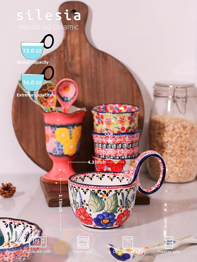 silesia Handmade Loop Handle Soup Bowl, Plate and Spoon Set Ceramic Hand - Image 2