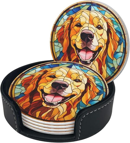 Drink Coaster Set of 6, Golden Retriever Dog Mom Lover Gift,Leather Drink Coasters with Holder,6 Pack Cup/Bar/Drink Coasters for Table/Drinks/Coffee Protection Housewarming Gift