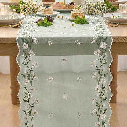 Artoid Mode Daisy Floral Sage Green Shaped Gauze Embroidery Table Runner 120 - Image 2