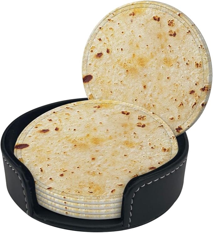 Tortilla Coasters for Drinks Set of 6, Round Leather Coaster - Image 3