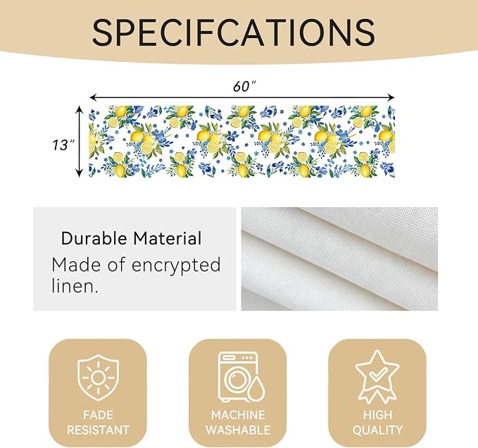 Lemon and Blue Floral Table Runner | Linen Texture Fabric, Easy Care Machine - Image 3