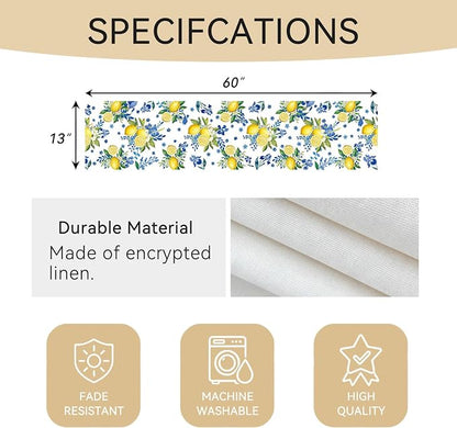 Lemon and Blue Floral Table Runner | Linen Texture Fabric, Easy Care Machine - Image 3