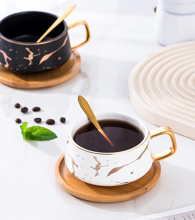 Jusalpha 2 Pack Golden Hand Print Black and White Teacup Coffee Cup - Image 2