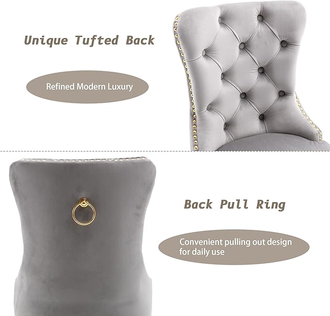 KCC Velvet Dining Chairs Set of 6, Upholstered High-end Tufted Dining Chair with Nailhead Back Ring Pull Trim Stainless Steel Legs, Contemporary Nikki Collection Modern Style for Kitchen, Light Gray