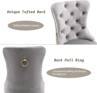 KCC Velvet Dining Chairs Set of 6, Upholstered High-end Tufted Dining Chair with Nailhead Back Ring Pull Trim Stainless Steel Legs, Contemporary Nikki Collection Modern Style for Kitchen, Light Gray