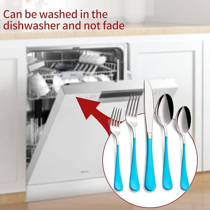 20-Piece Blue Silverware Set 18/0 Stainless Steel Flatware Blue Handle Cutlery Set Service for 4 Dinner Knives Forks Spoons Set Mirror Finish Dishwasher Safe