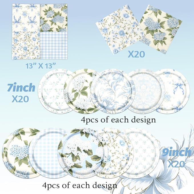 60Pcs Floral Plates and Napkins-Blue White Party Supplies Vintage Flower Tea - Image 4
