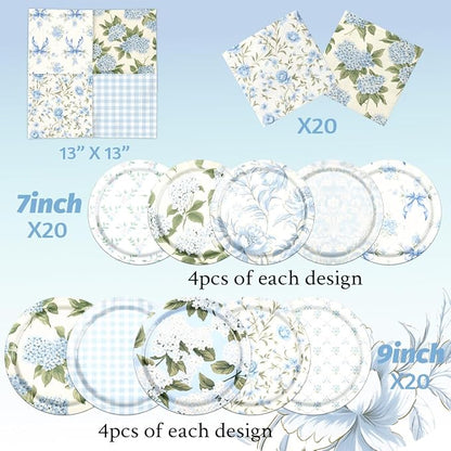 60Pcs Floral Plates and Napkins-Blue White Party Supplies Vintage Flower Tea - Image 4