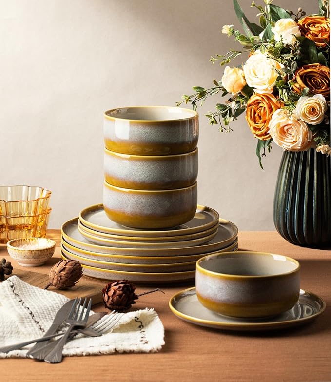 Ceramic Dinnerware Set for 4, 12-Piece Plates and Bowls Set | Handmade Reactive - Image 5
